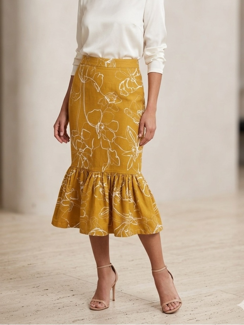 eva mendes for New York & Company Mustard Yellow Floral Midi Skirt
